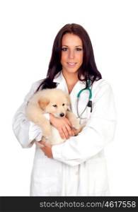 Pretty vet with a cute puppy isolated on white background