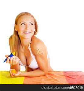 Pretty woman applying suncream isolated on white background, skin care, using sunblock, healthy lifestyle, summer vacation and traveling concept