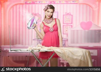 Pretty woman as a doll doing house work