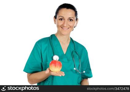 Pretty woman doctor with an apple on a over white background