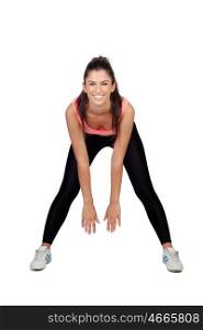 Pretty woman doing stretching into her workout isolated on white background