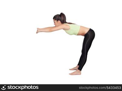 Pretty woman doing stretching into her workout isolated on white background