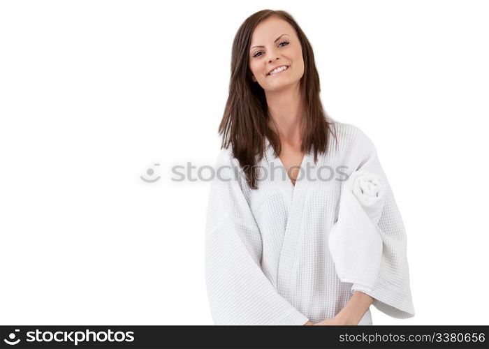 Pretty woman in a bathrobe standing with man sitting in the background