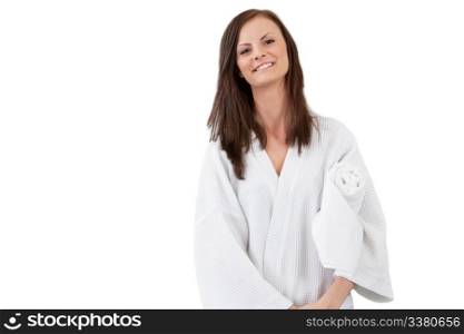 Pretty woman in a bathrobe standing with man sitting in the background