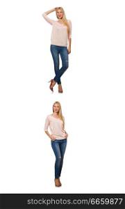 Pretty woman in blue jeans isolated on white. Pretty woman in blue jeans  isolated on white