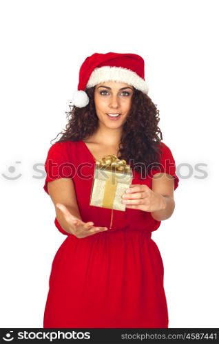 Pretty woman in Christmas with a gift isolated on white background
