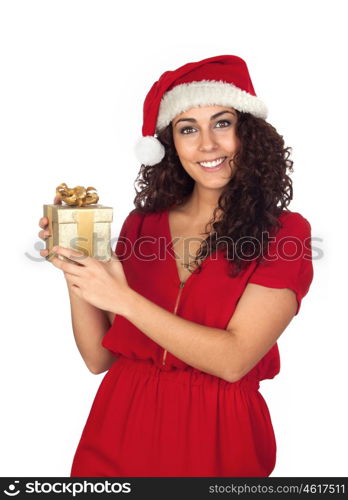 Pretty woman in Christmas with a gift isolated on white background