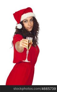 Pretty woman in Christmas with a glass of champagne isolated on white background