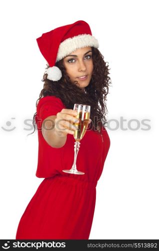 Pretty woman in Christmas with a glass of champagne isolated on white background