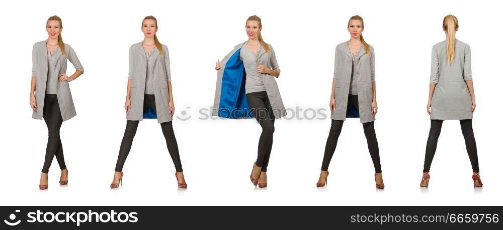 Pretty woman in gray blouse isolated on white. The pretty woman in gray blouse isolated on white