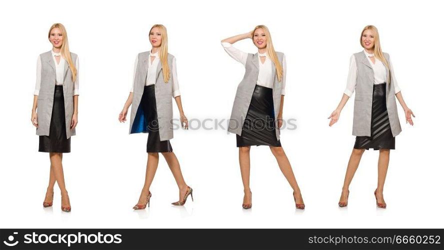 Pretty woman in leather skirt isolated on white