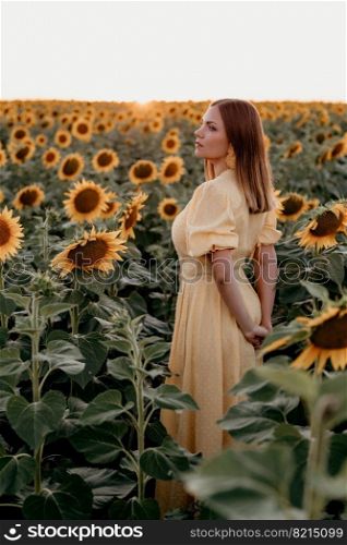 Pretty woman in retro dress posing in sunflowers field. Vintage timeless fashion, amazing adventure, countryside, rural scene, natural lifestyle. High quality photo. Pretty woman in retro dress posing in sunflowers field. Yellow colors, warm toning. Vintage timeless fashion, amazing adventure, countryside, rural scene, natural lifestyle.