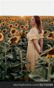 Pretty woman in retro dress posing in sunflowers field. Vintage timeless fashion, amazing adventure, countryside, rural scene, natural lifestyle. High quality photo. Pretty woman in retro dress posing in sunflowers field. Yellow colors, warm toning. Vintage timeless fashion, amazing adventure, countryside, rural scene, natural lifestyle.