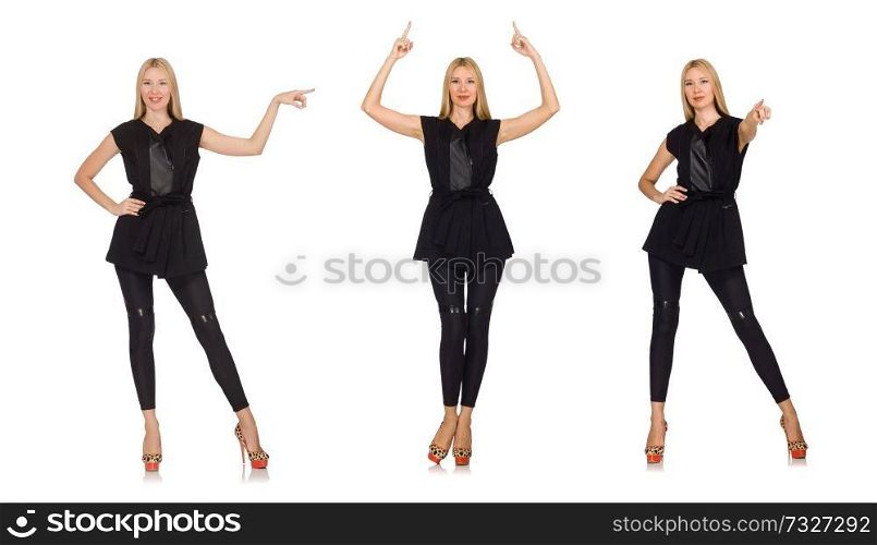 Pretty woman in tight black pants isolated on white