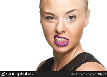 Pretty Woman in Violet Lips Showing Wacky Face. Close up Pretty Young Woman in Violet Lips Showing Wacky Face While Looking at the Camera. Isolated on White.