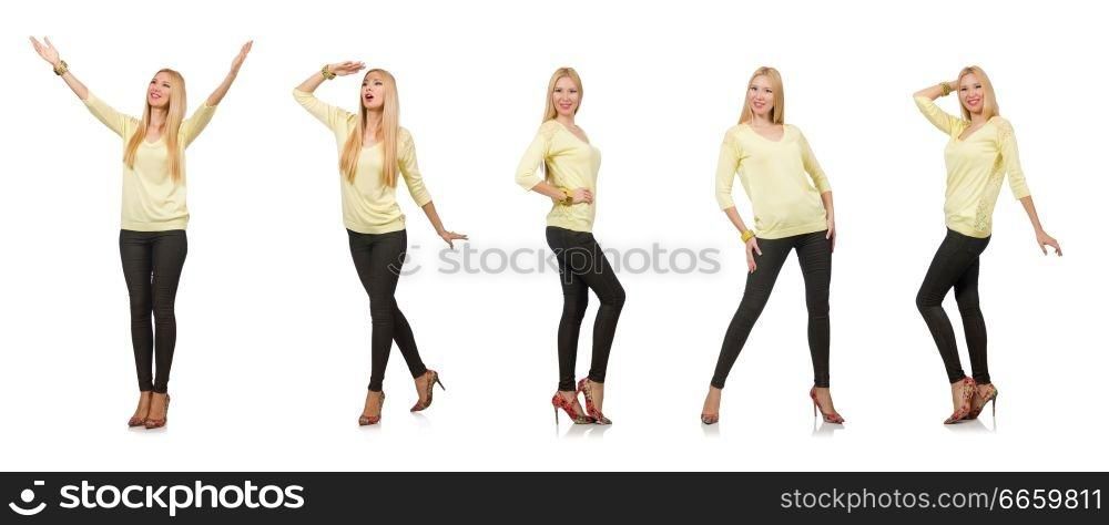 Pretty woman in yellow blouse isolated on white