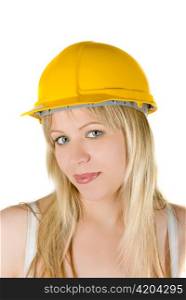 pretty woman in yellow building helmet isolated on white