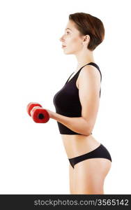 pretty woman is exercising with red dumbbell on white background