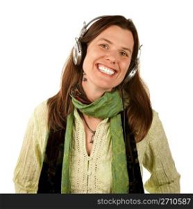 Pretty woman on white wearing headphones