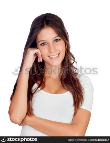 Pretty woman smiling and looking at camera . Pretty woman smiling and looking at camera isolated on a white background