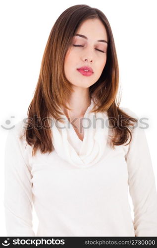 Pretty woman standing and closing her eyes on white background