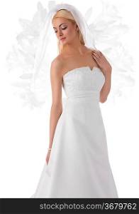 pretty woman white with wedding dress, veil, smooth blonde hair and pearl bacelet. floreal decorations on background