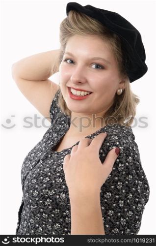 pretty woman with clothes 1940 style, isolated on white background