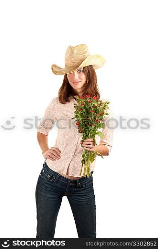 Pretty woman with cowboy hat and flowers