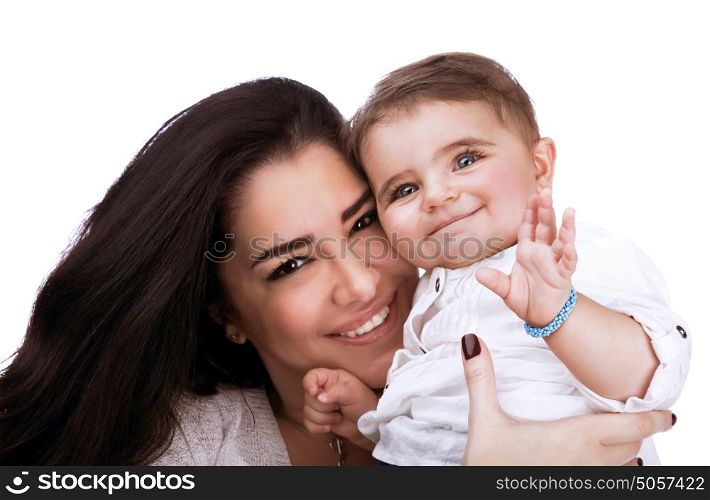 Pretty woman with cute little daughter, closeup of young family isolated on white background, healthy lifestyle, happy parenthood concept