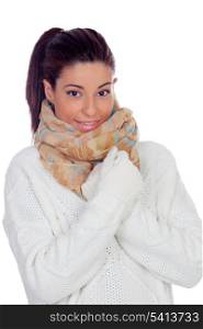 Pretty woman with gloves and scarf isolated on white