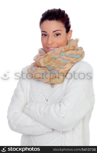 Pretty woman with gloves and scarf isolated on white