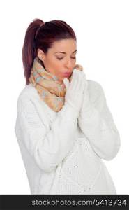 Pretty woman with gloves and scarf warming up hands isolated on white