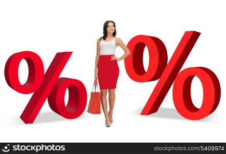 pretty woman with handbag and two big red percent signs