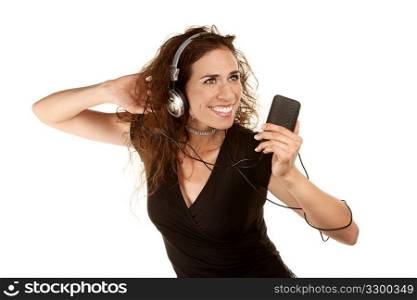 Pretty woman with handheld audio device