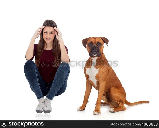 Pretty woman with her dog sitting on the floor isolated on white background