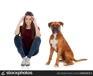 Pretty woman with her dog sitting on the floor isolated on white background