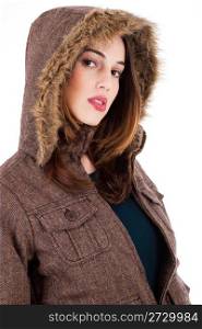 Pretty women with winter jacket on a white background