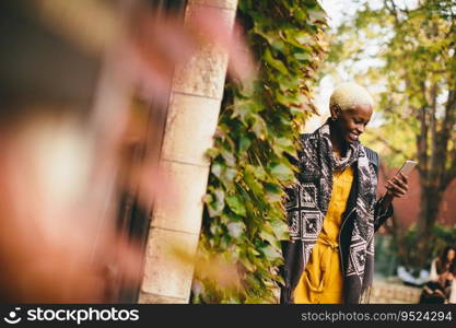 Pretty young black woman with mobile phone in the autumn park