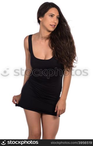 Pretty young brunette in a little black dress