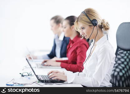 Pretty young business woman group with headphones smiling at you against white background