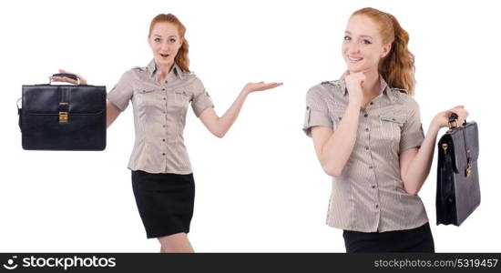 Pretty young employee with briefcase isolated on white