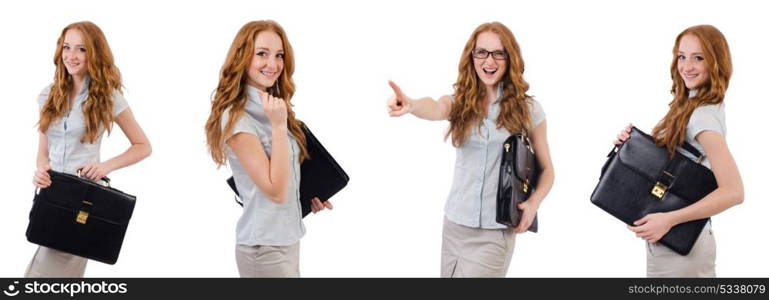 Pretty young employee with briefcase isolated on white