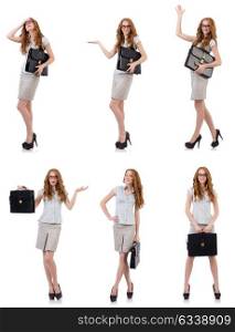 Pretty young employee with briefcase isolated on white