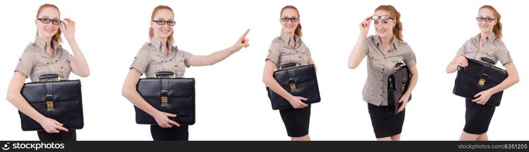 Pretty young employee with briefcase isolated on white