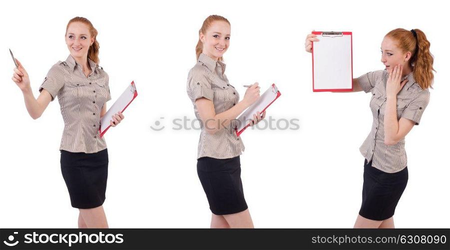 Pretty young employee with paper isolated on white