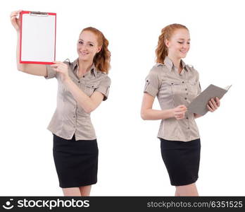 Pretty young employee with paper isolated on white