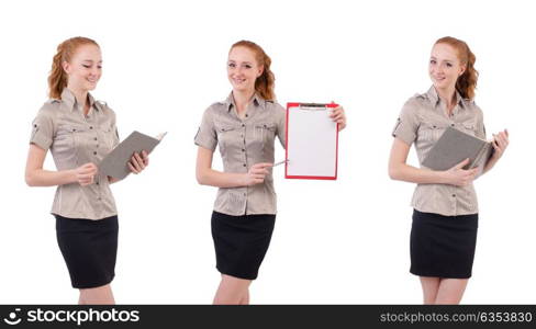 Pretty young employee with paper isolated on white