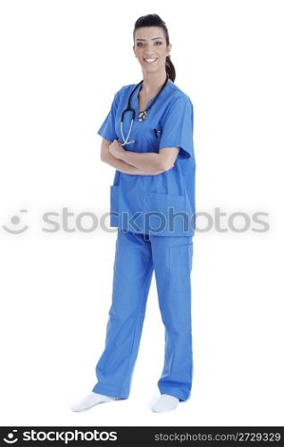Pretty young female nurse, side pose over isolated white background