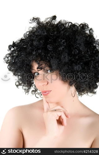 Pretty young frizzy woman isolated over white background