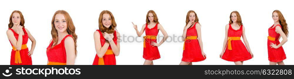 Pretty young girl in red dress isolated on white